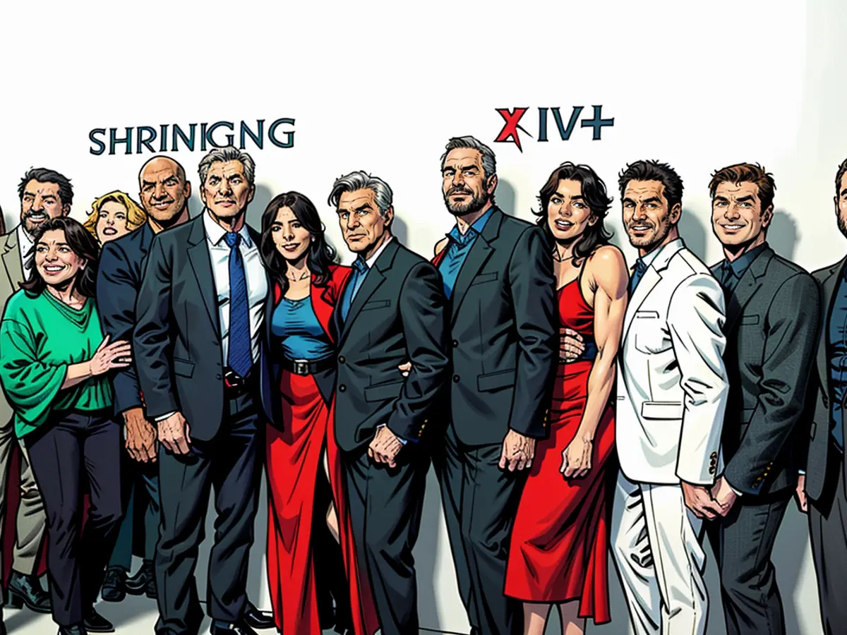 At the 2023 debut of 'Shrinking' in Los Angeles, gathers (from left) Liza Katzer, Neil Goldman, Rachel Stubington, Mimi Fletcher, Luke Tennie, Bill Lawrence, Christa Miller, Harrison Ford, Jason Segel, Jessia Williams, Michael Urie, Devin Kawaoka, and Brett Goldstein.