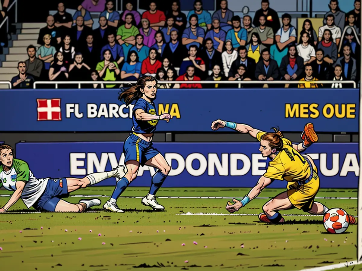 Claudia Pina successfully nets Barcelona's fifth goal against Anna Tamminen.