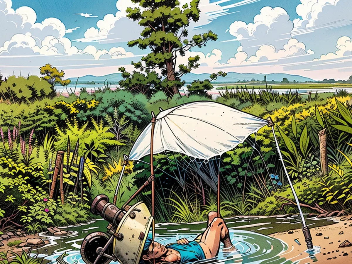 In May 2020, a farmer takes a break as water is drawn from the lagoon to supply his farm. Unregulated, the farmer can draw water directly from the lagoon.