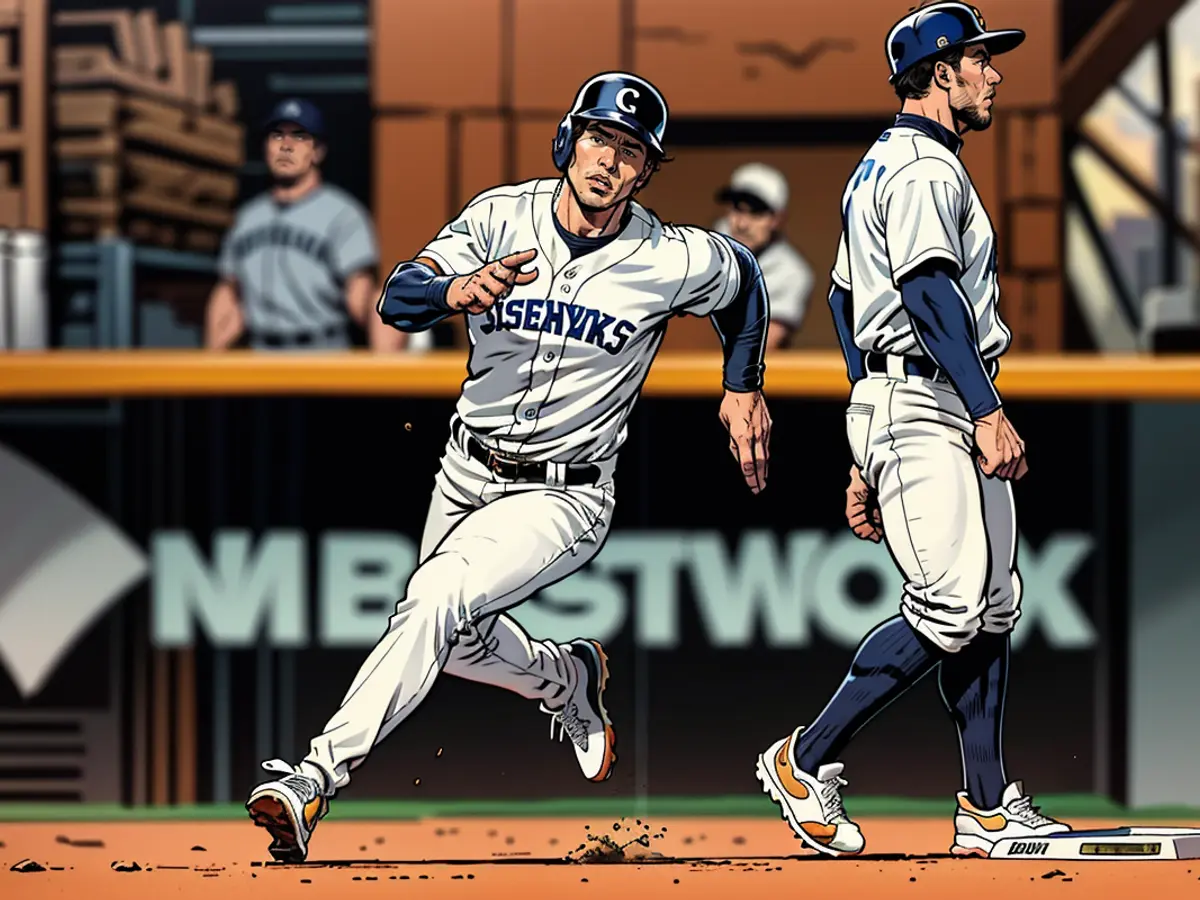 CLEVELAND, OHIO – 18TH OCTOBER: Steven Kwan, wearing #38, dashingly circles second base after a double hit by Kyle Manzardo, sporting #9, during the initial inning against the New York Yankees, in Game Four of the American League Championship Series. This occurrence took place at Progressive Field in 2024, Cleveland, Ohio.