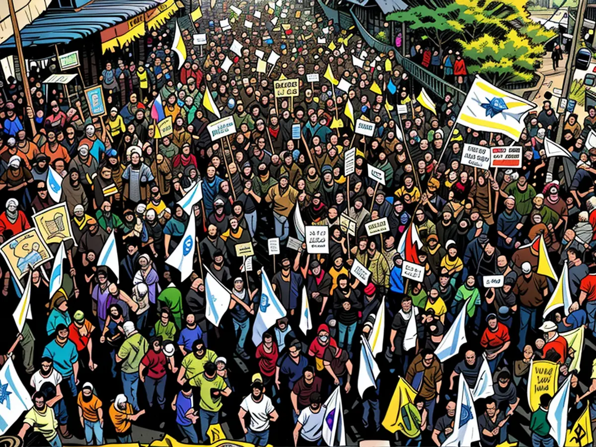 Protesters obstruct a significant city artery in Tel Aviv on October 19, 2024, voicing discontent towards the administration and advocating for a peace agreement.