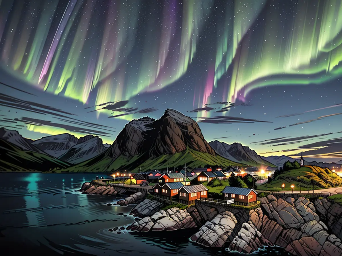 The spellbinding Aurora Borealis casts a radiant glow upon Reinefjorden, located in Reine, Lofoten Islands, Norway.