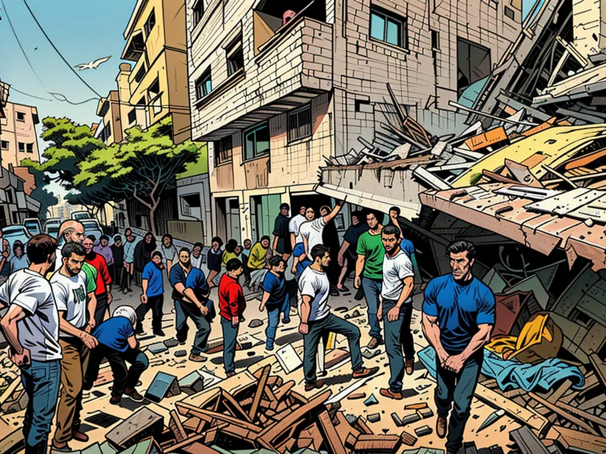 Palestinians examine the aftermath of the nighttime Israeli air raid in Beit Lahia, situated in the northern Gaza Strip, on a Sunday.