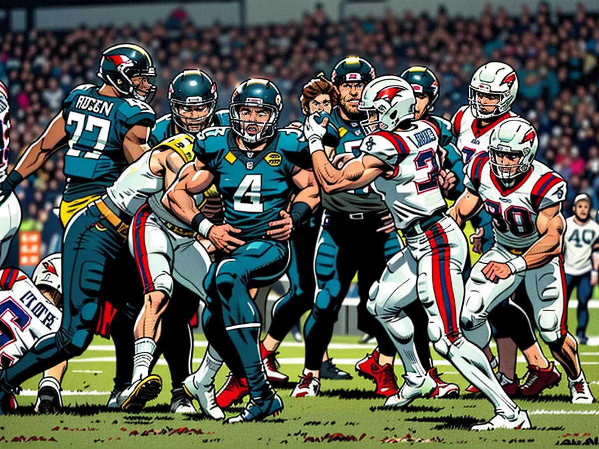 Tank Bigsby, the running back for the Jacksonville Jaguars, scores his initial touchdown against the New England Patriots.