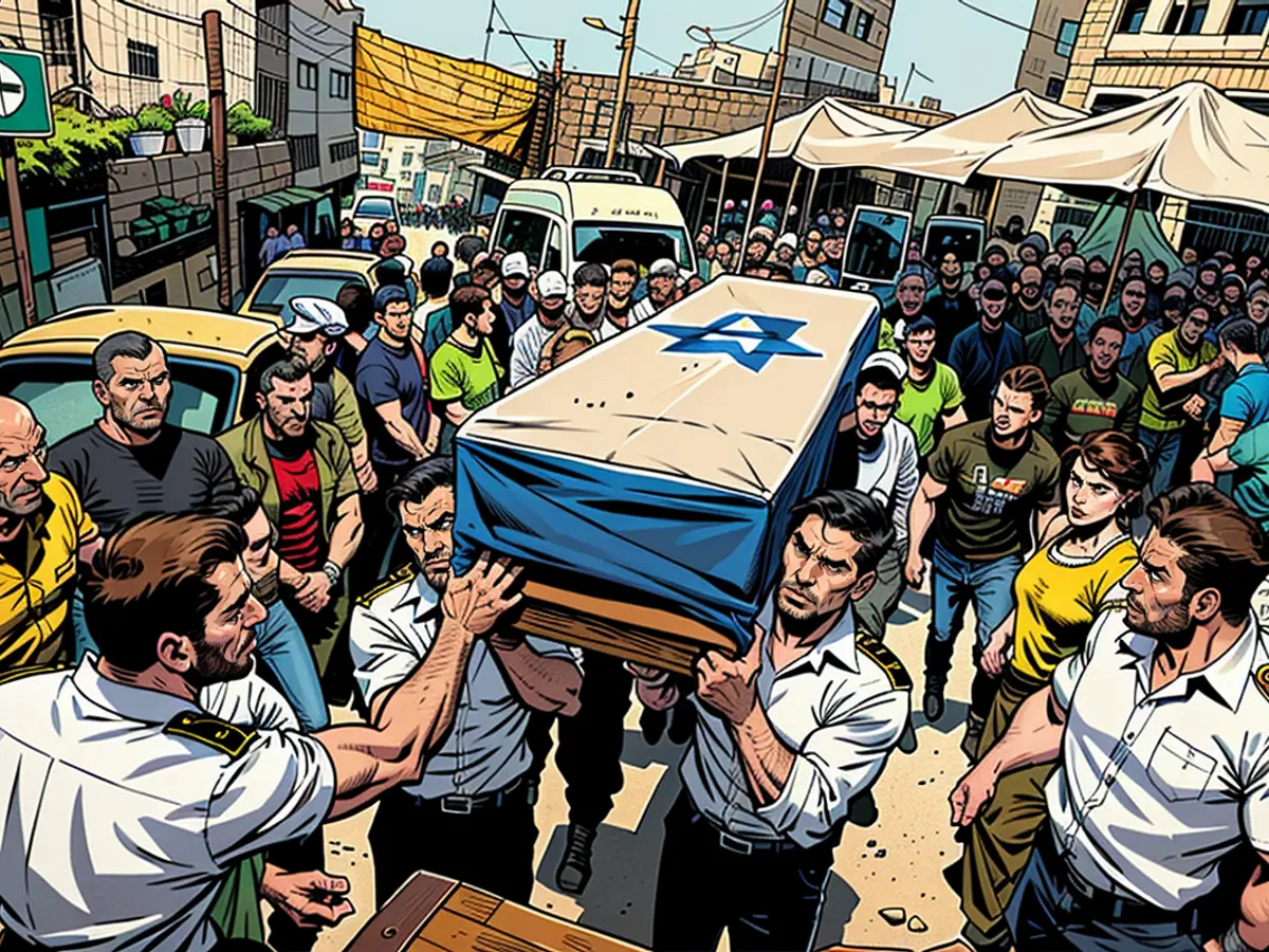 Military personnel transport the casket of a slain Israeli Captain, who perished in combat within southern Gaza, during his farewell service in Beit Jann, Israel, on June 16, 2024.