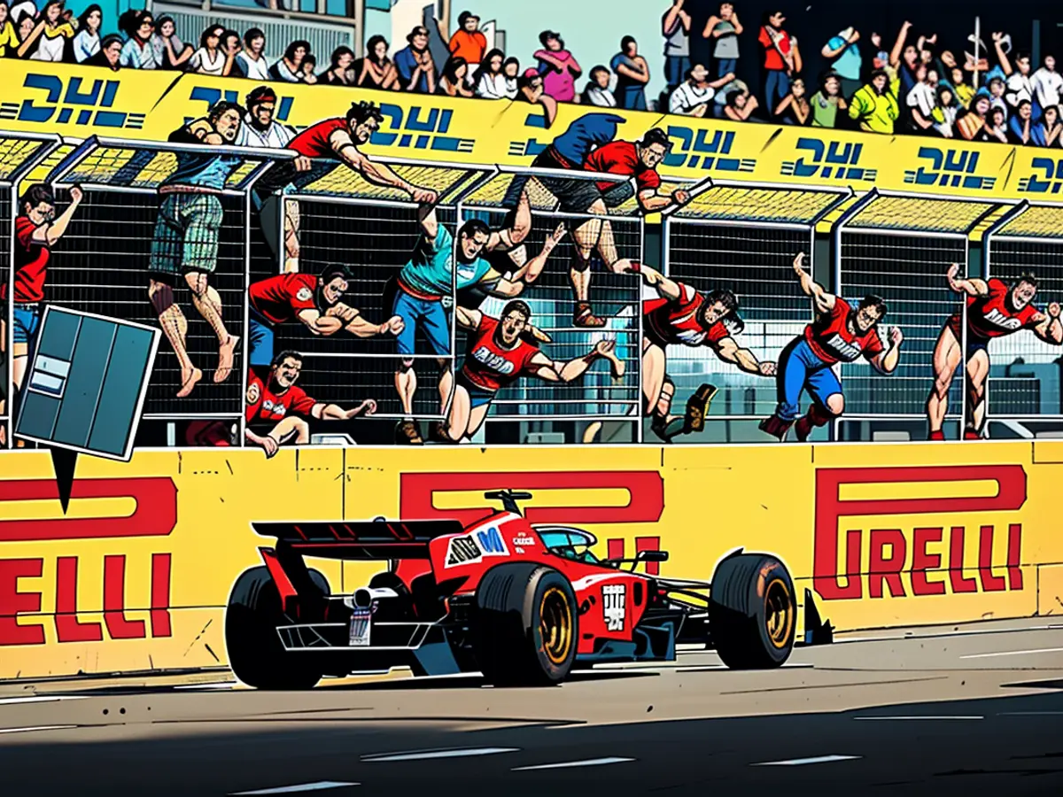 Team participants line up alongside the barrier, exulting as Leclerc clinches victory at the US Grand Prix.