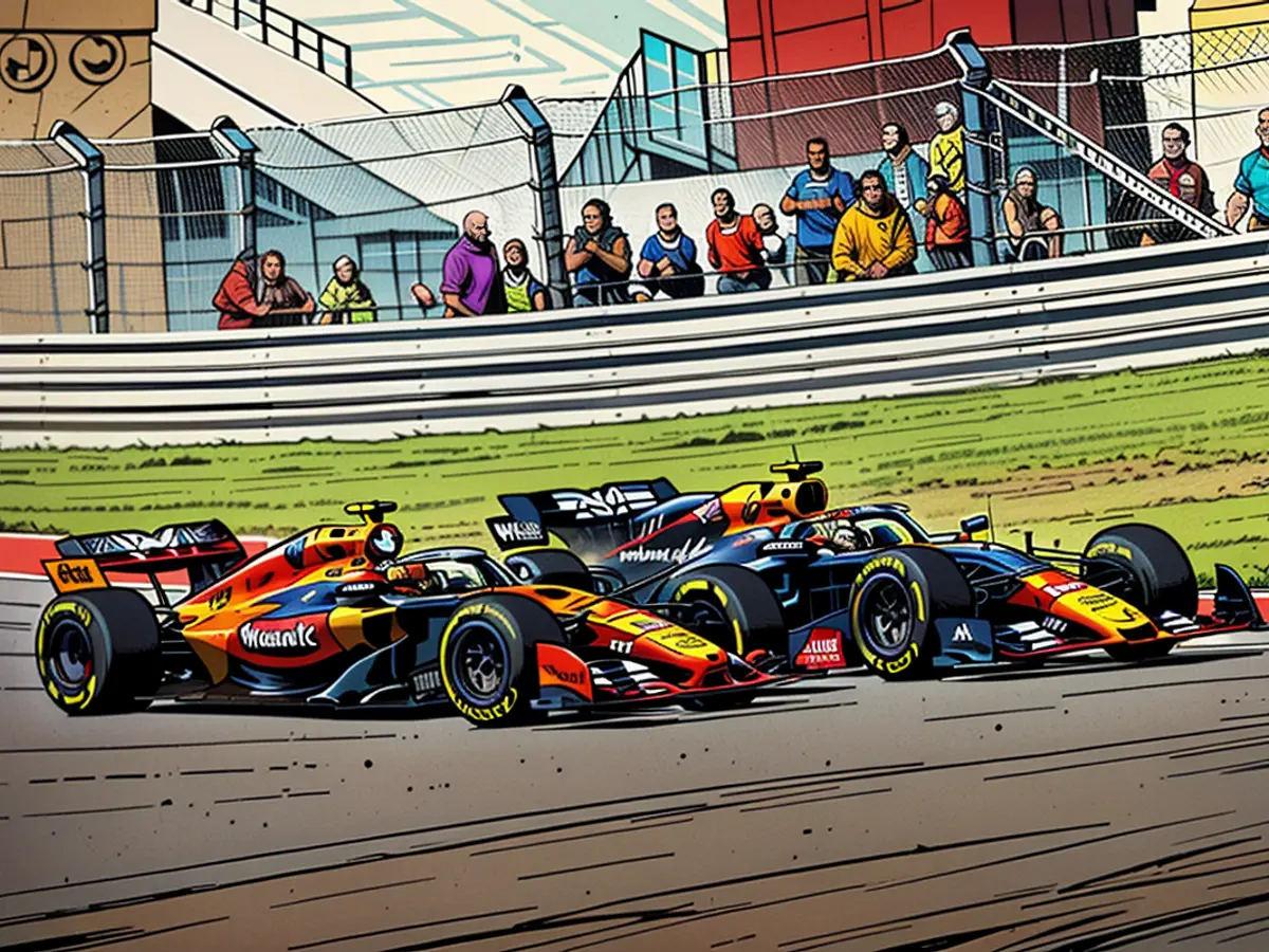 Norris and Verstappen navigate a bend together during the US Formula One Grand Prix.