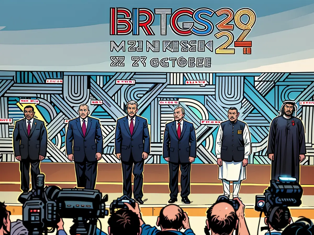 In the presence of Russian President Putin, leaders from China, India, Ethiopia, South Africa, Egypt, the United Arab Emirates, Iran, and Brazil's Foreign Minister stand alongside him.