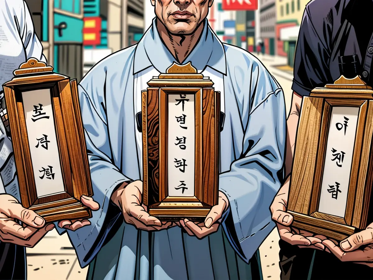 Buddhist monastic and staff from Good Nanum carry commemoration plaques of three departed individuals prior to their funeral pyre on June 16, 2016, in Goyang, South Korea.