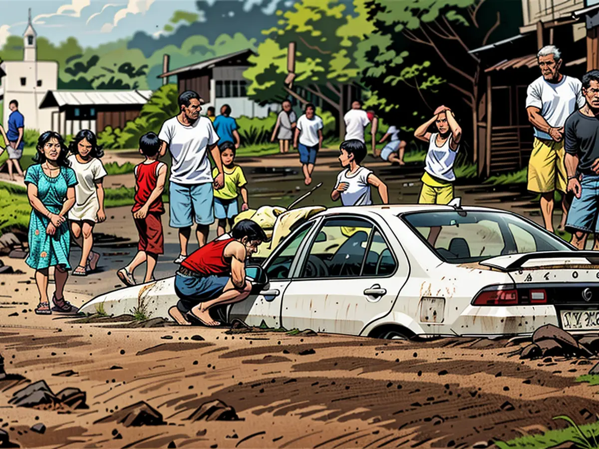 Villagers examine a vehicle engulfed in volcanic debris, spawned by a cascade caused by torrential rainfalls accompanying Tropical Storm Trami, in a settlement situated within Guinobatan town, Albay province, situated south of Manila, Philippines, on October 23, 2024.