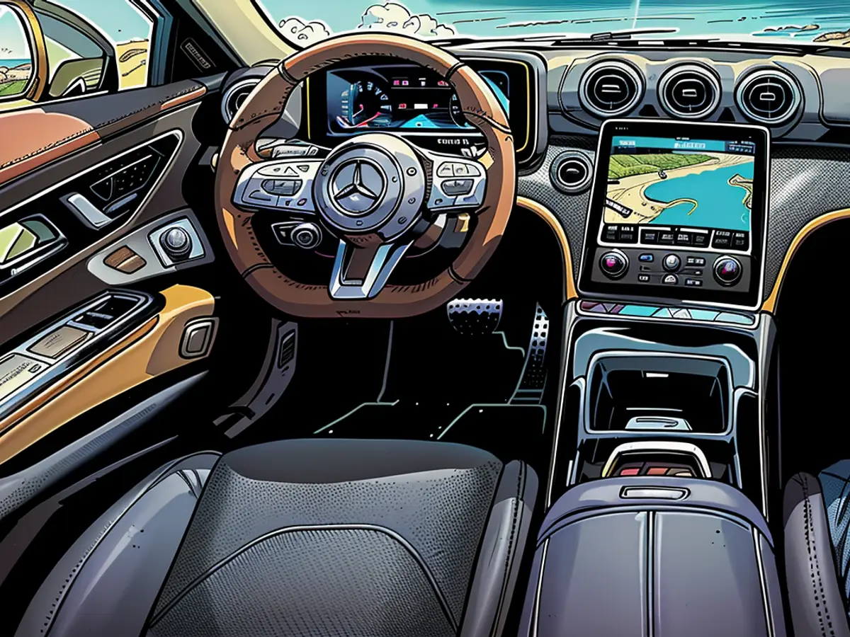 Inside view of the Mercedes AMG CLE 53 4MATIC Cabriolet's driver's area showcases the presence of two displays.