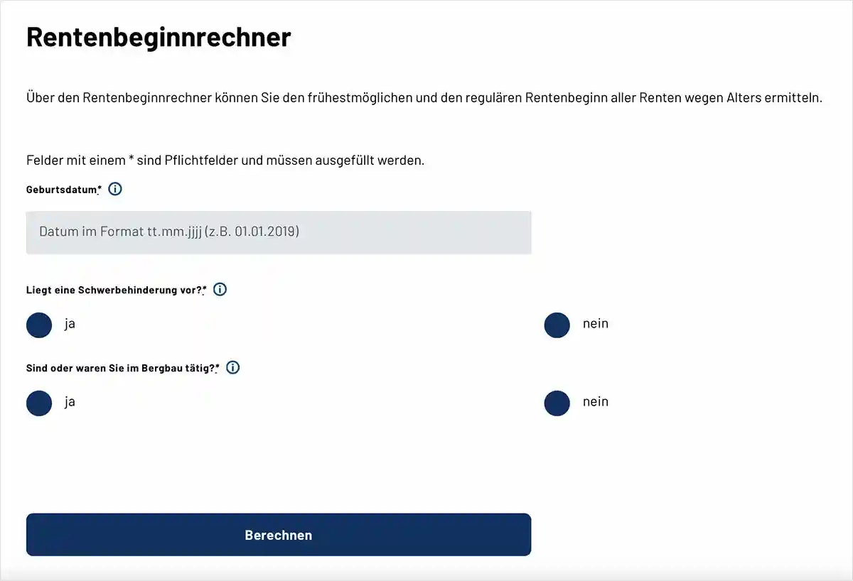 Онлайн-калькулятор для расчета пенсии в Германии. Скриншот с сайта deutsche-rentenversicherung.de