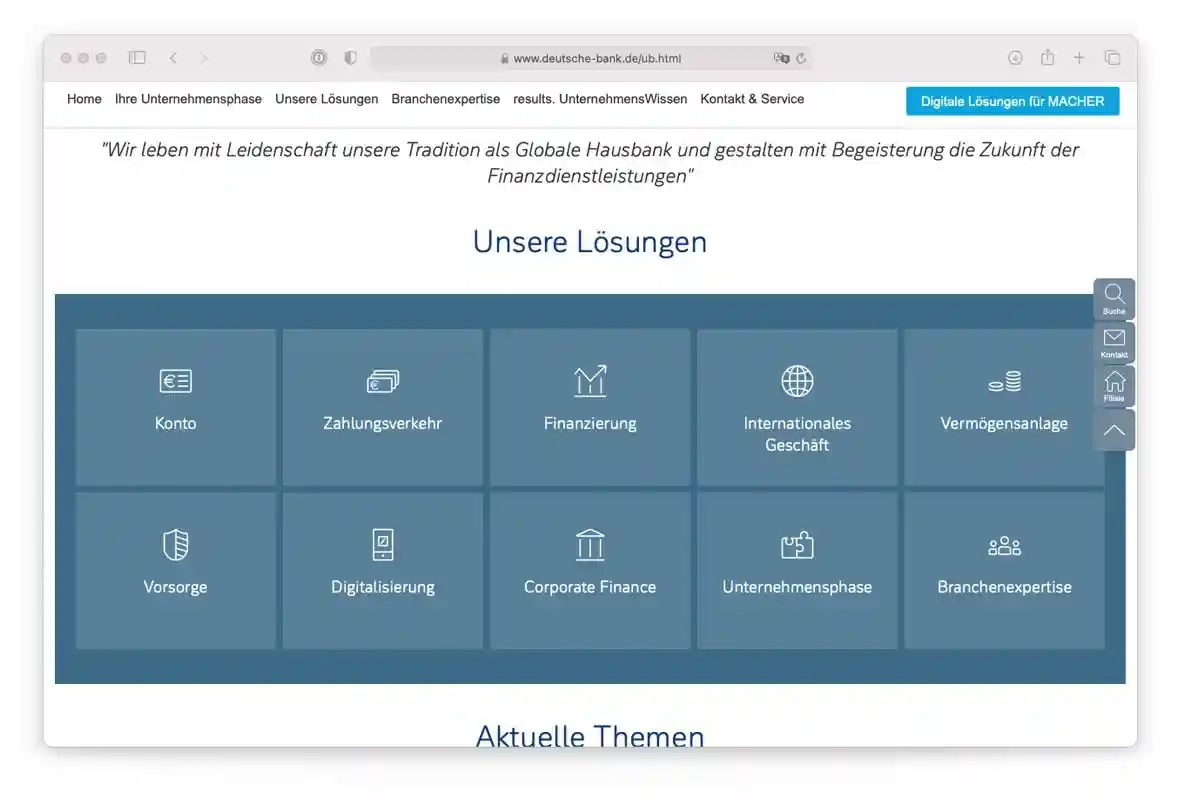 Варианты решений для бизнеса от Deutsche-bank.de. Скриншот: deutsche-bank.de