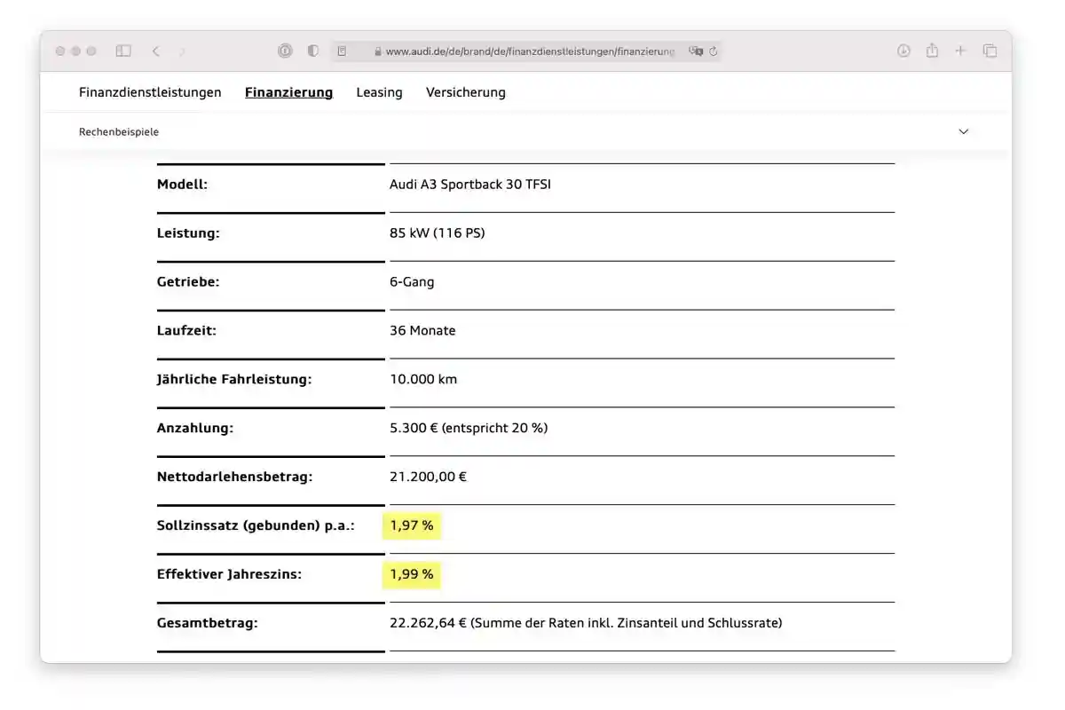 Процентная ставка по кредиту на покупку автомобиля Ауди А3. Скриншот audi.de