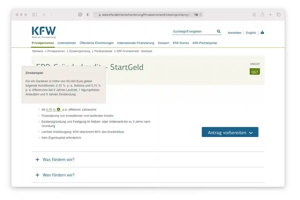 Описание процентной ставки на сайте немецкого банка KFW. Скриншот: kfw.de