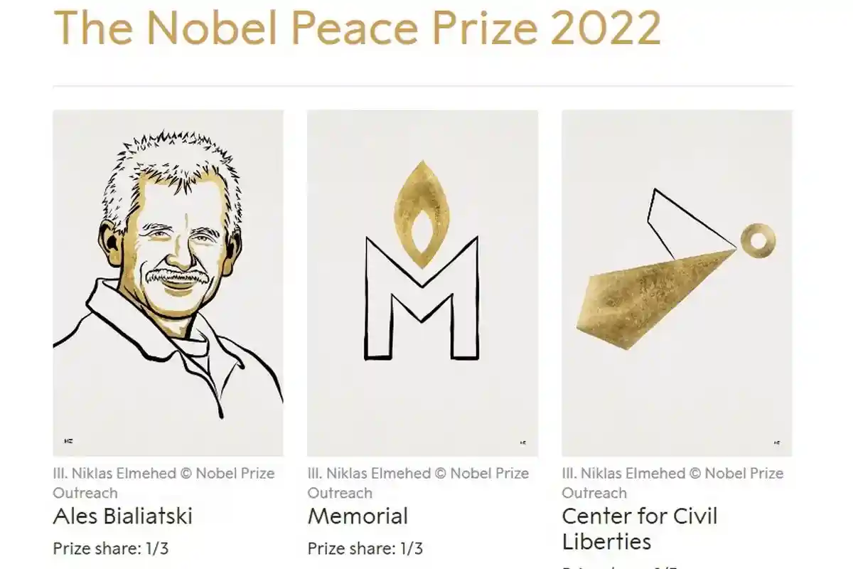 Нобелевская премия мира 2022 досталась «Мемориалу», «Центру гражданских свобод» и Алесю Беляцкому. Фото: nobelprize.org